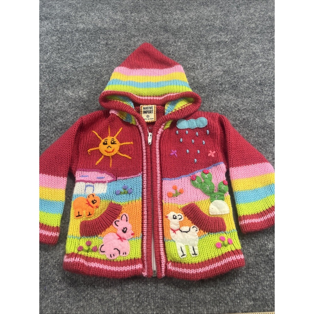 Native Import Peru Kid Hand Knit Hooded Sweater Cardigan Pink Size 0 Infant Boho